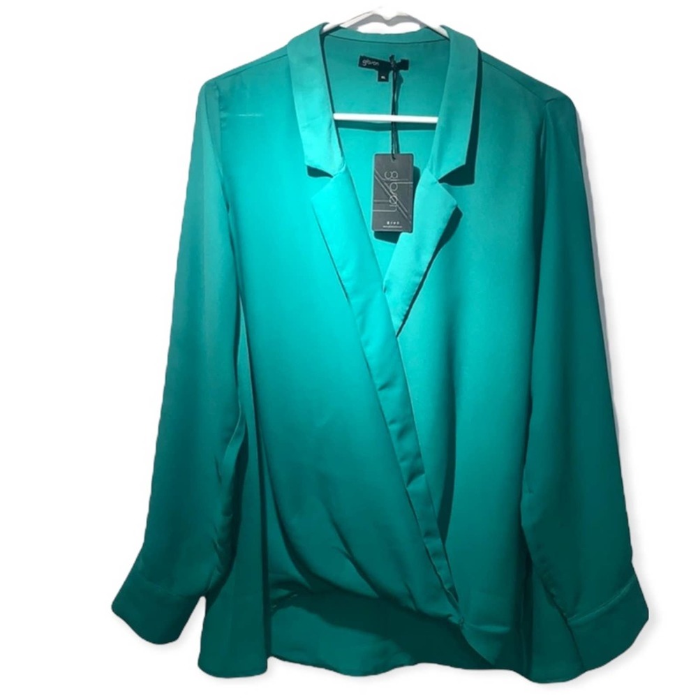 Gibson Green Faux Wrap Tunic Blouse